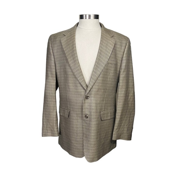 Ralph Lauren Chaps 100% Silk Tan Houndstooth Print Suit Jacket Sz 42L Blazer - Picture 2 of 14